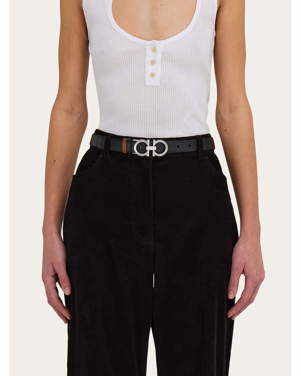 Ferragamo White Reversible And Adjustable Belt With Hammered Gancini