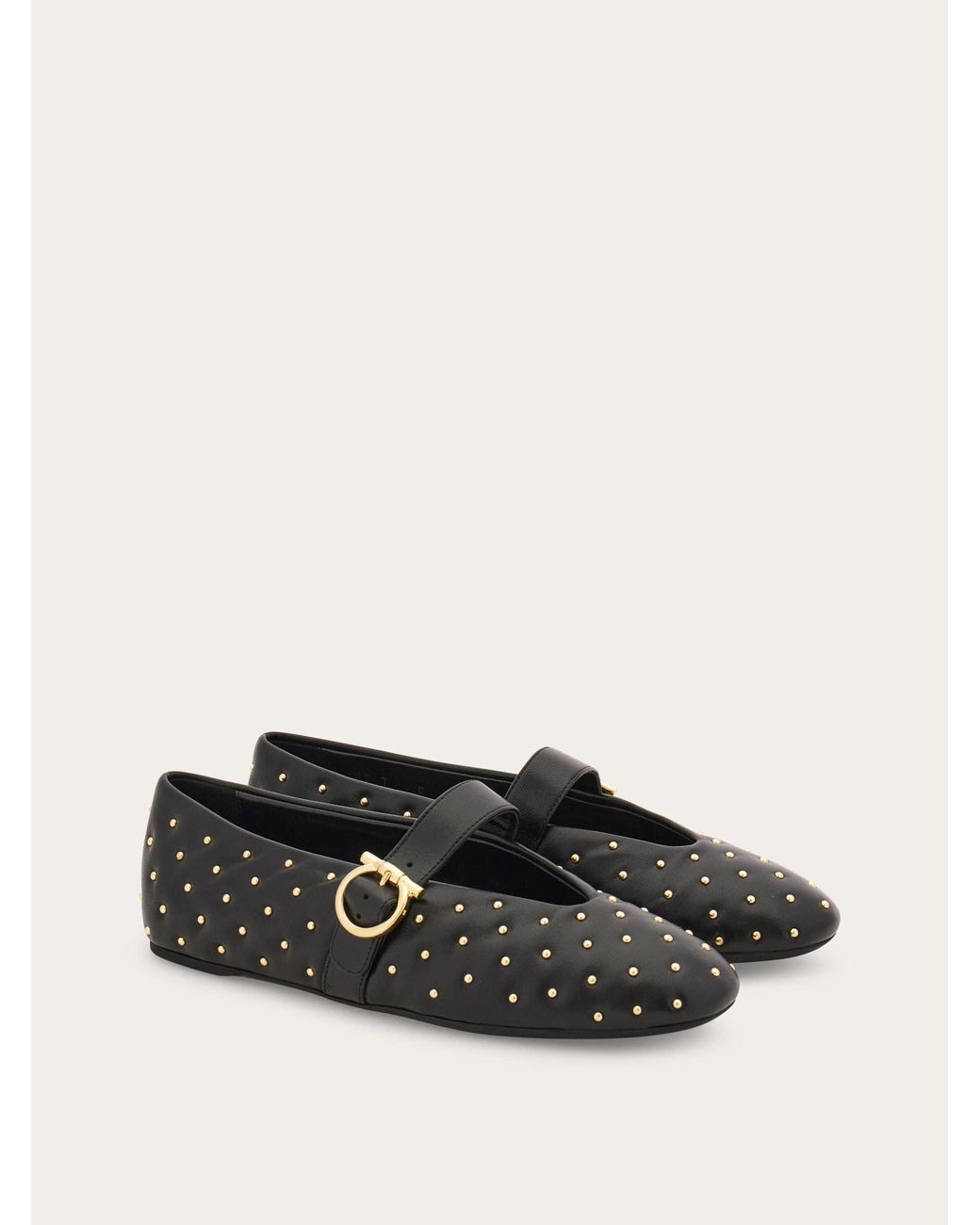 Ferragamo White Studded Gancini Buckle Ballet Flat .5