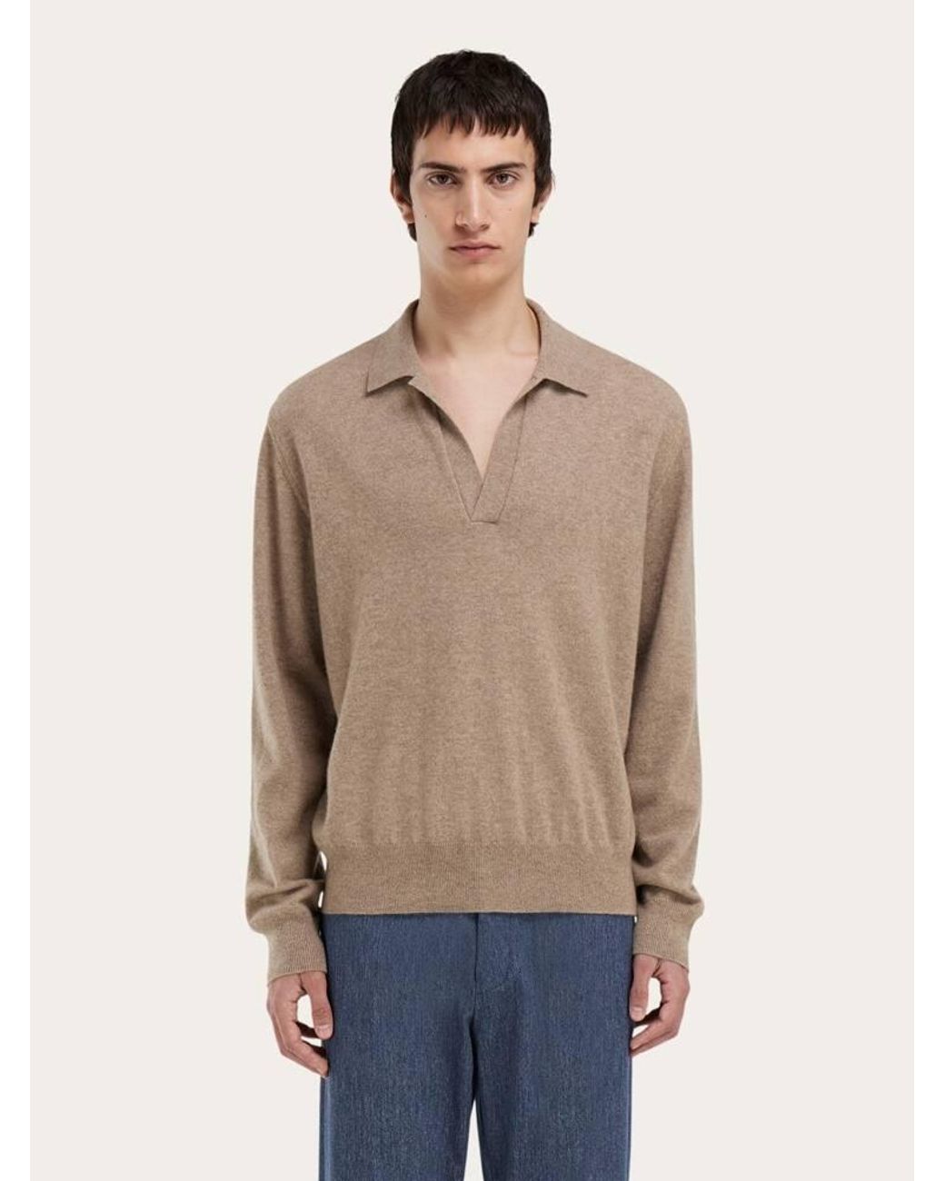 Ferragamo Natural Cashmere Sweater With Polo Collar for men