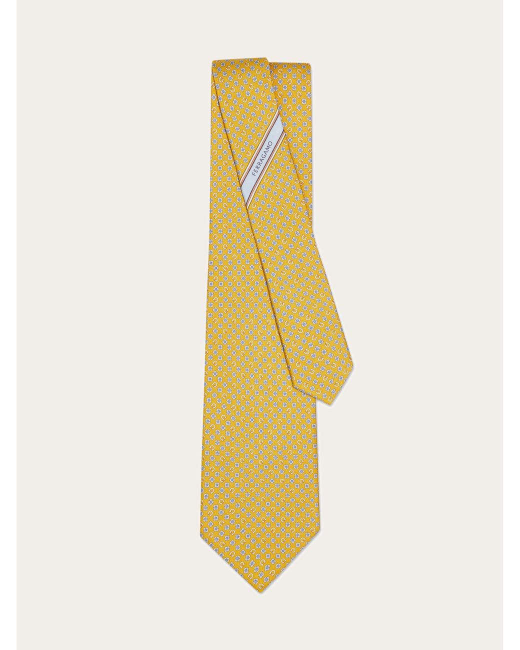 Ferragamo Yellow Gancini Flower Print Silk Tie for men