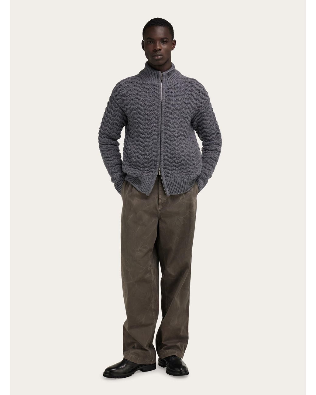 Ferragamo Blue Pure Wool Zip Cardigan for men