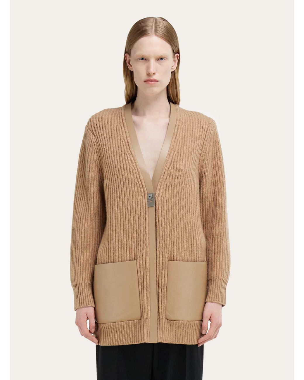 Ferragamo Natural Longline Cardigan With Leather Trims