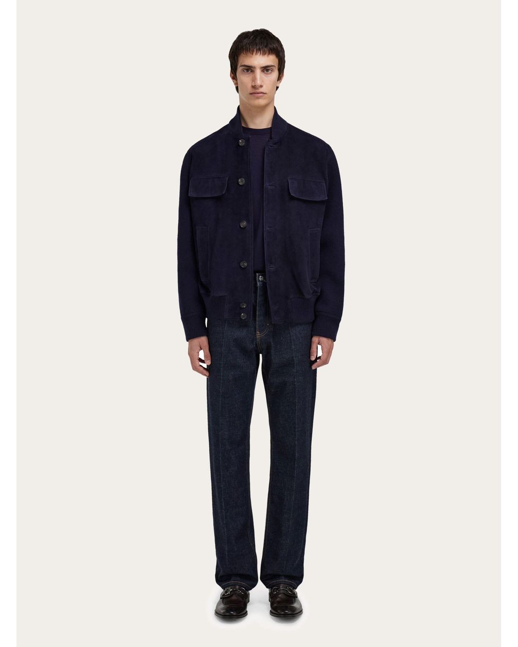 Ferragamo Blue Suede Bomber With Knitted Details for men