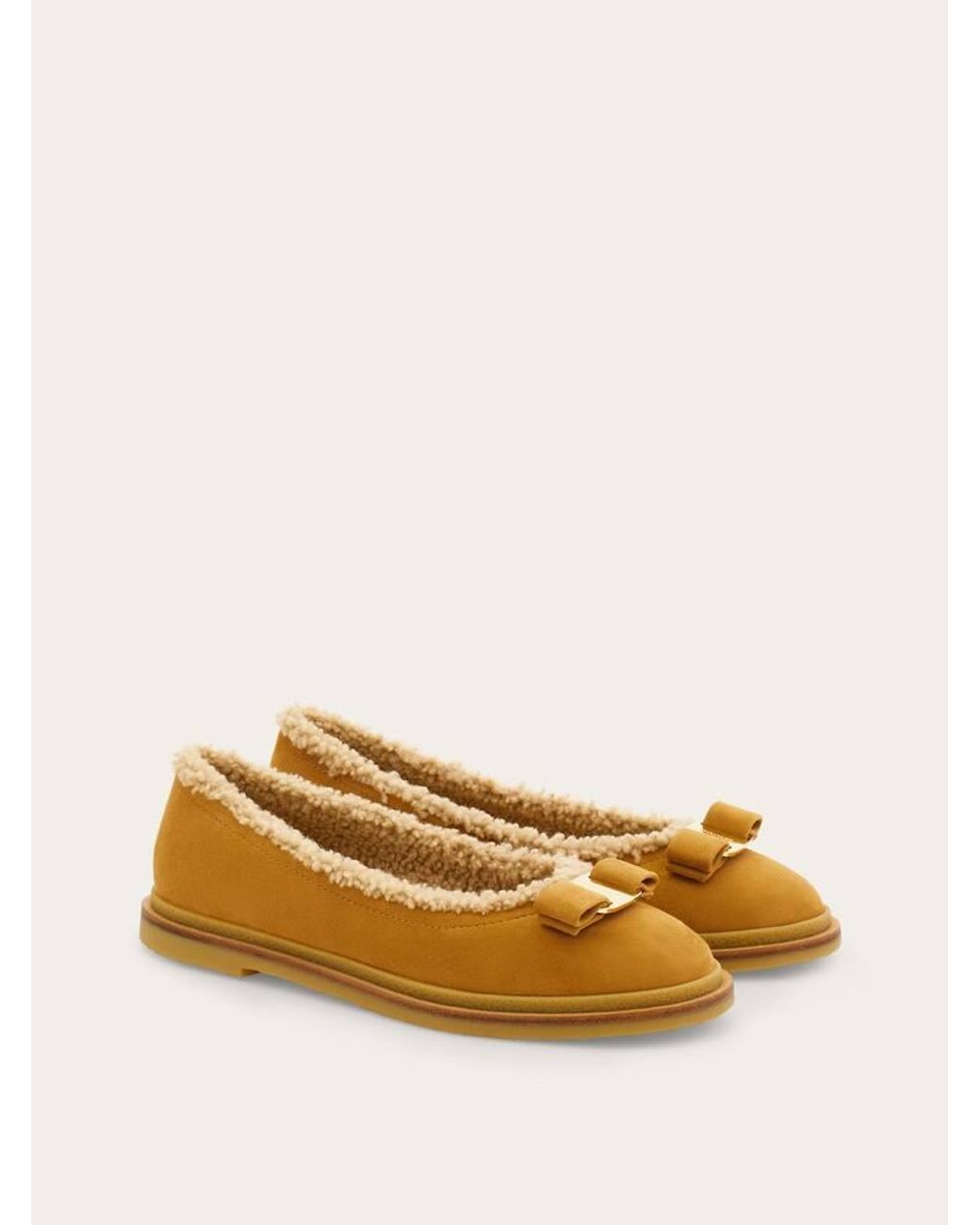 Ferragamo Natural Vara Bow Ballet Flat With Merino Wool Detail .5