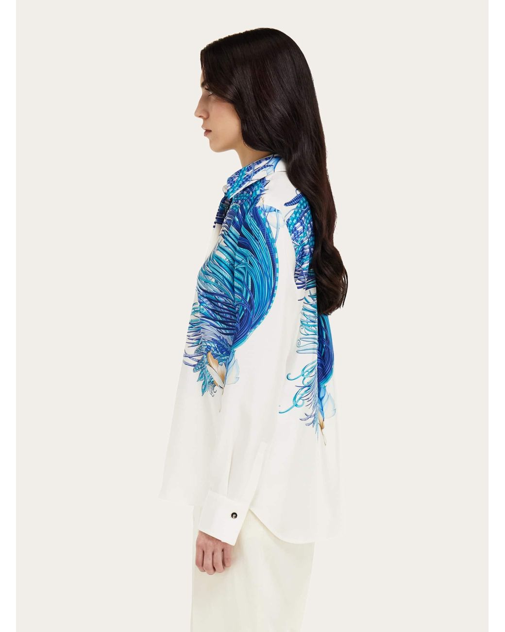 Ferragamo Blue Feather Show Print Silk Shirt