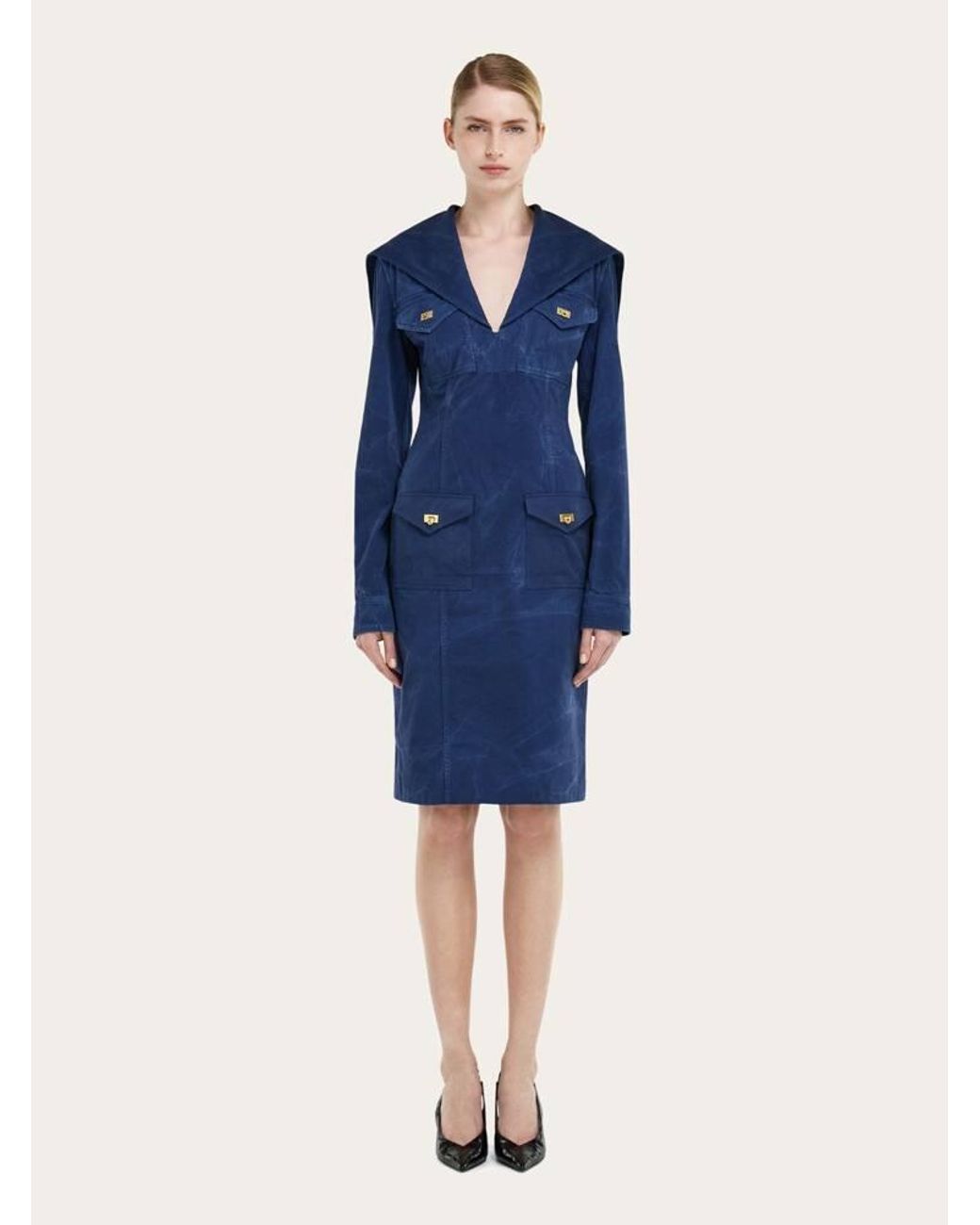 Ferragamo Blue Washed Gabardine Midi Dress