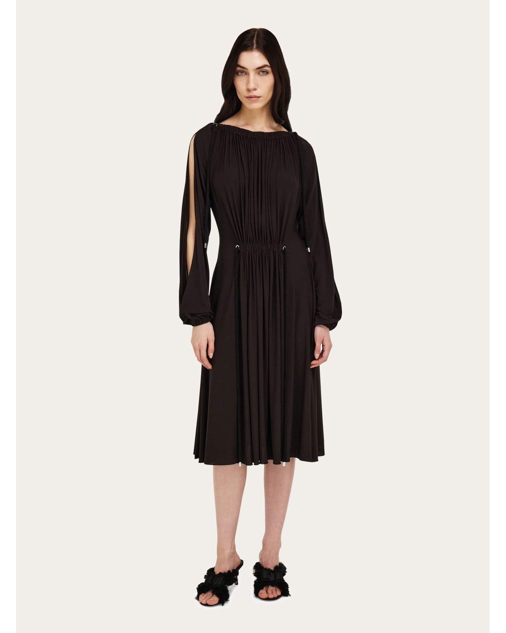 Ferragamo Black Viscose Dress With Gathered Detailing