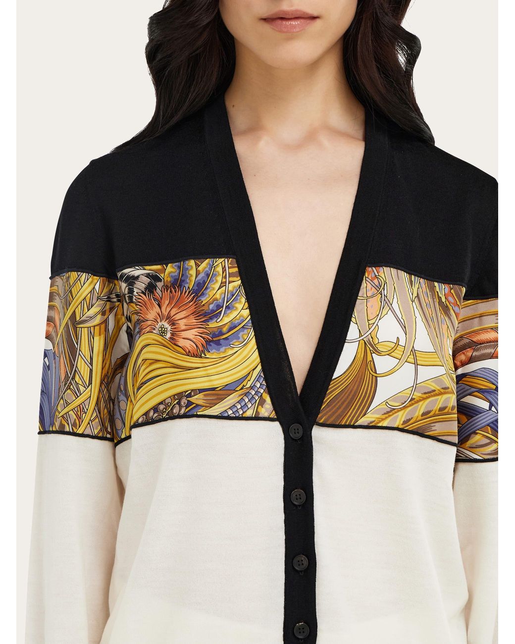 Ferragamo Black V-Neck Cardigan With Rooster Print Inserts