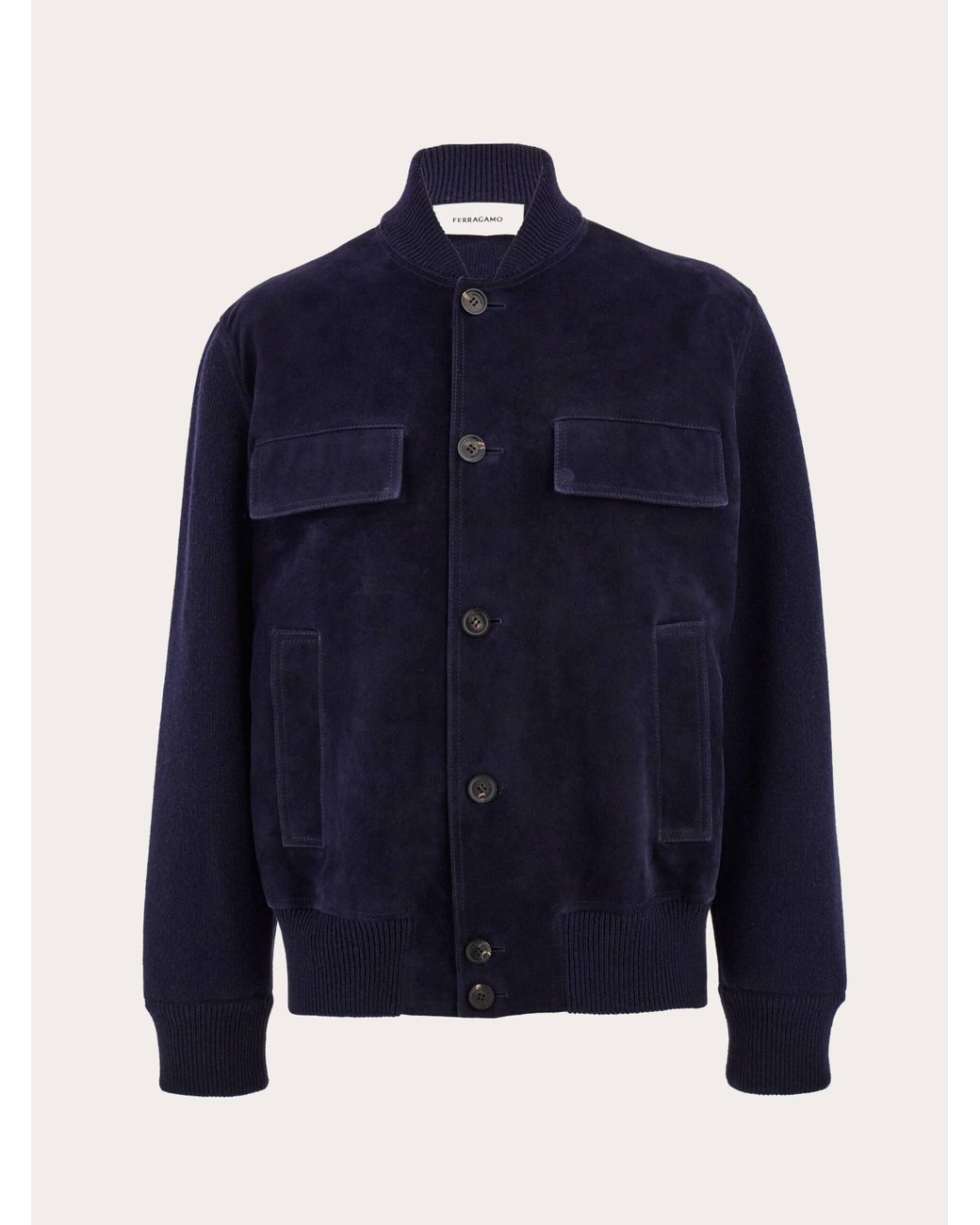 Ferragamo Blue Suede Bomber With Knitted Details for men