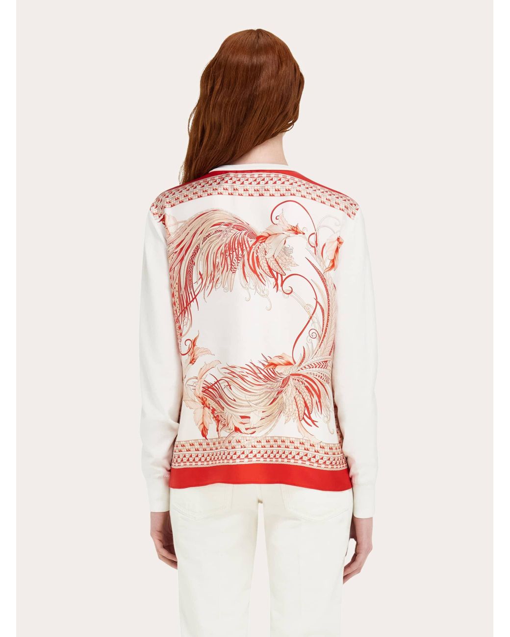 Ferragamo White Feather Show Print Crew-Neck Cardigan for men