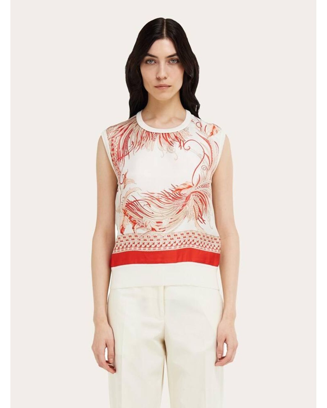 Ferragamo Multicolor Feather Show Print Sleeveless Sweater