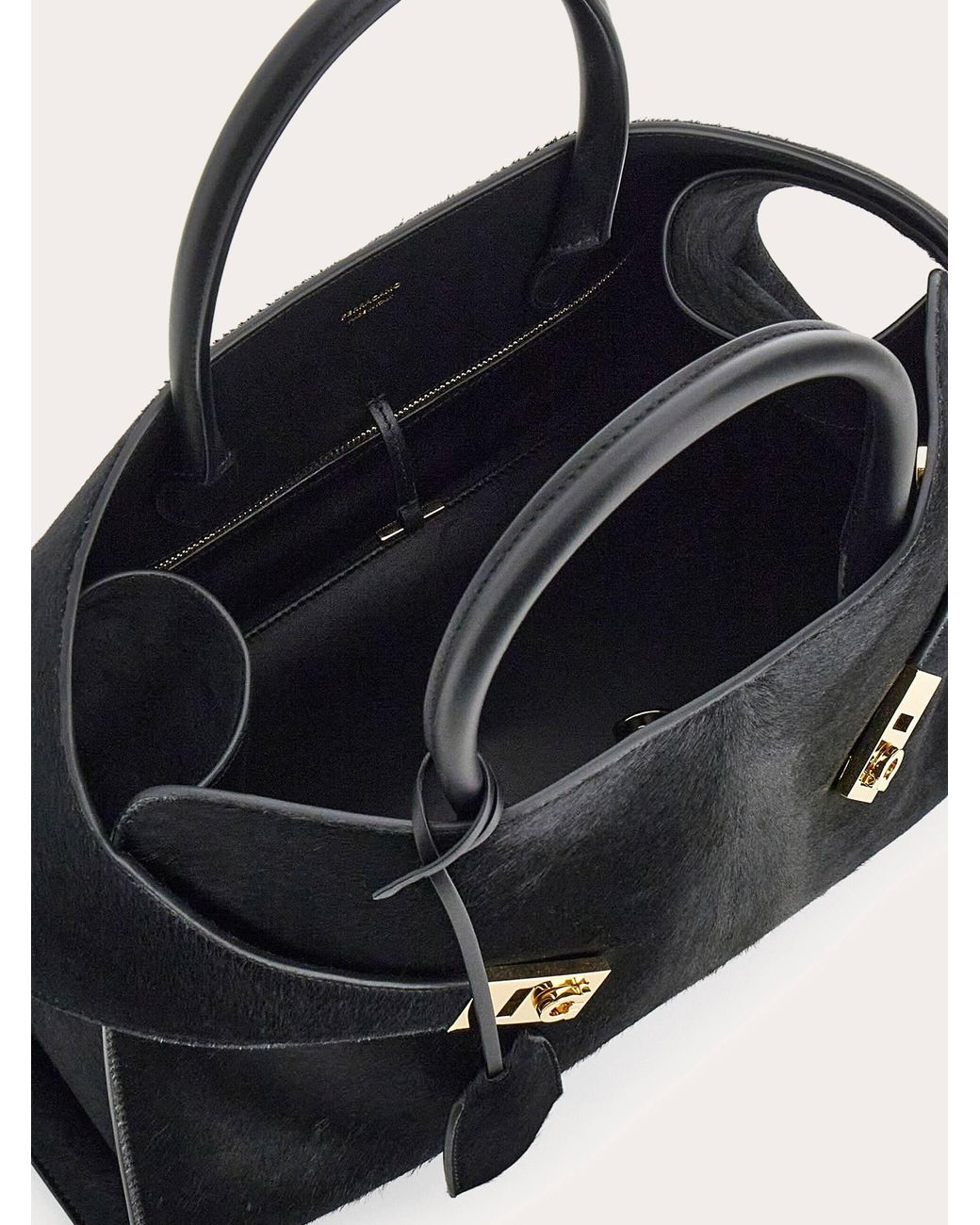 Ferragamo Black Pony Skin Hug Top-Handle Bag