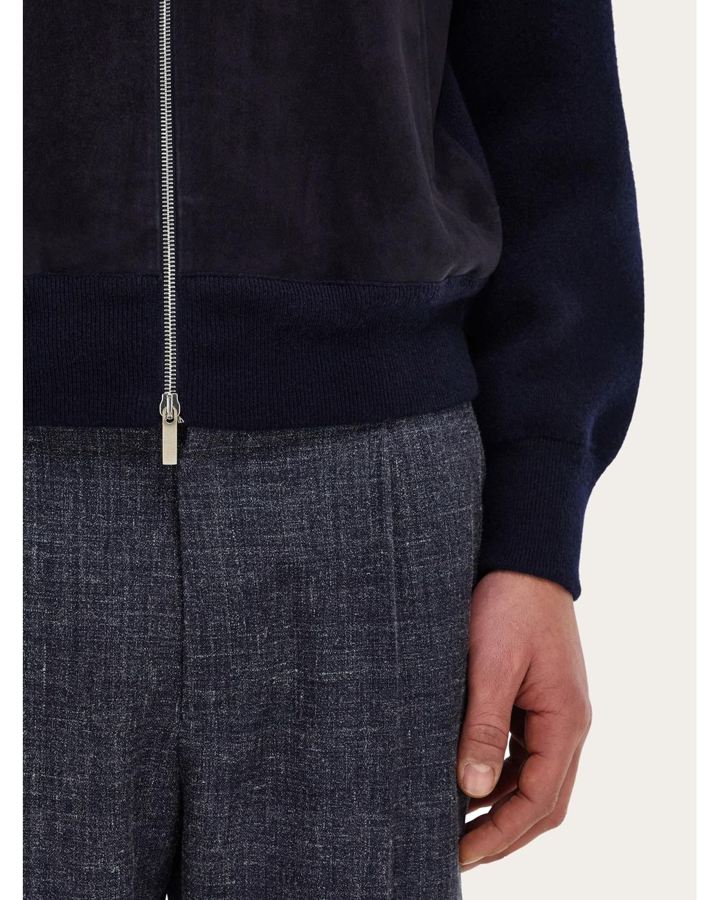 Ferragamo Blue Suede Blouson With Knitted Details for men