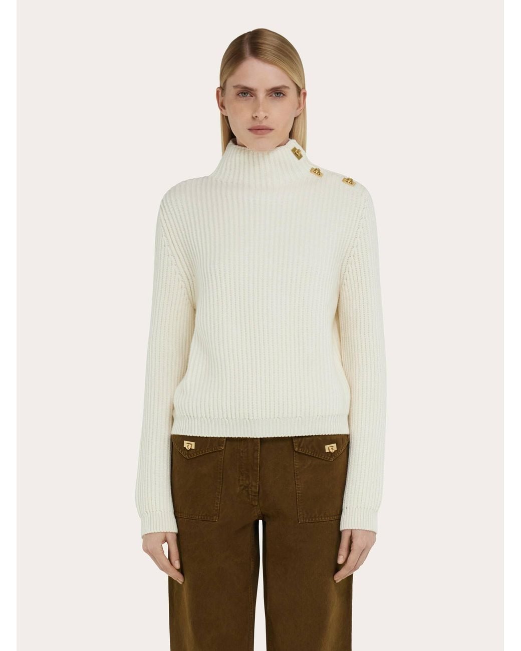 Ferragamo White Knitted Mock Neck Sweater With Gancini Detail
