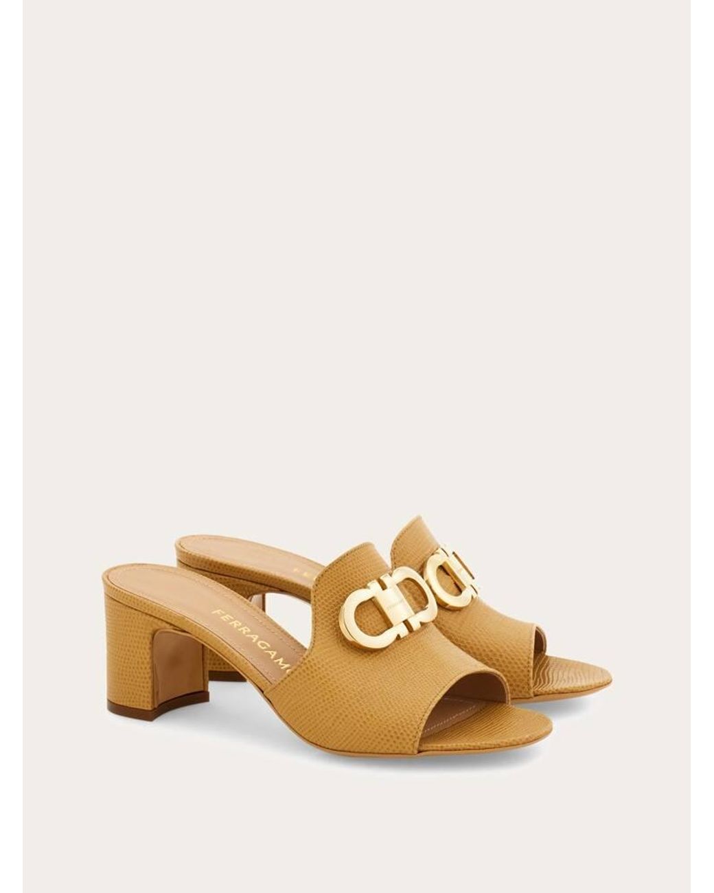 Ferragamo Natural Mid Heel Slide With Gancini Buckle