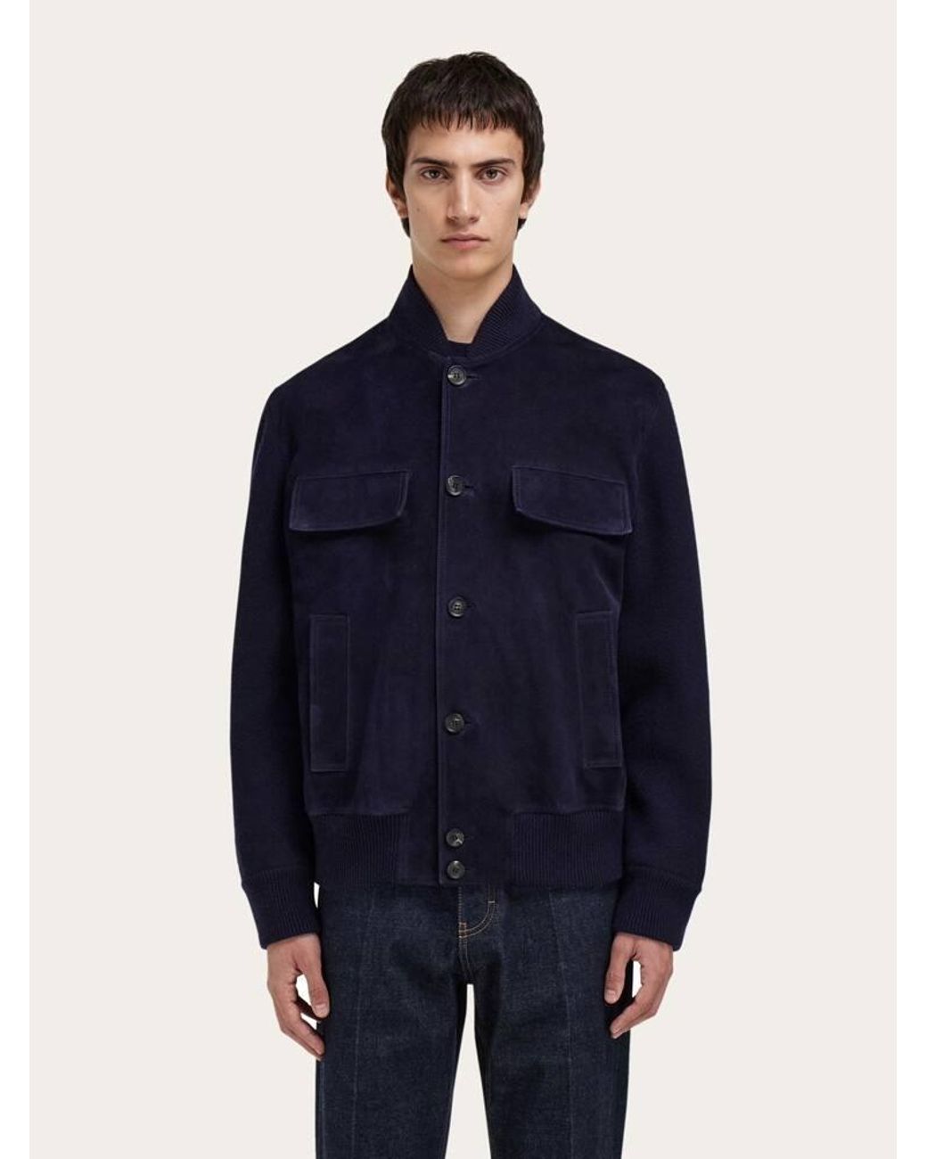 Ferragamo Blue Suede Bomber With Knitted Details for men