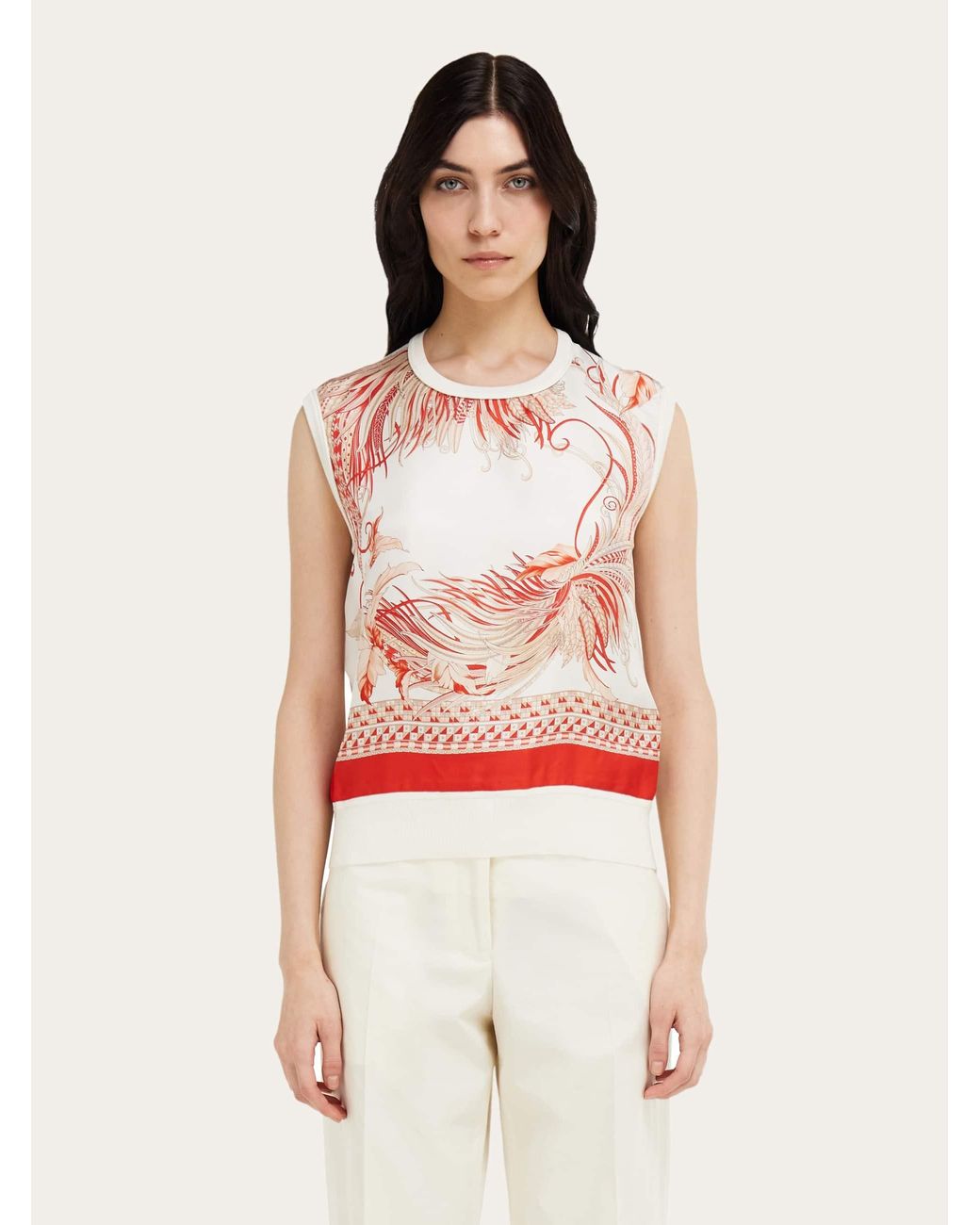 Ferragamo Multicolor Feather Show Print Sleeveless Sweater