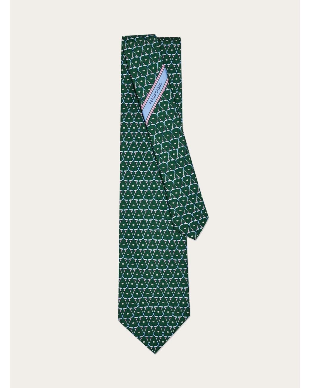 Ferragamo Green Hockey Print Silk Tie for men