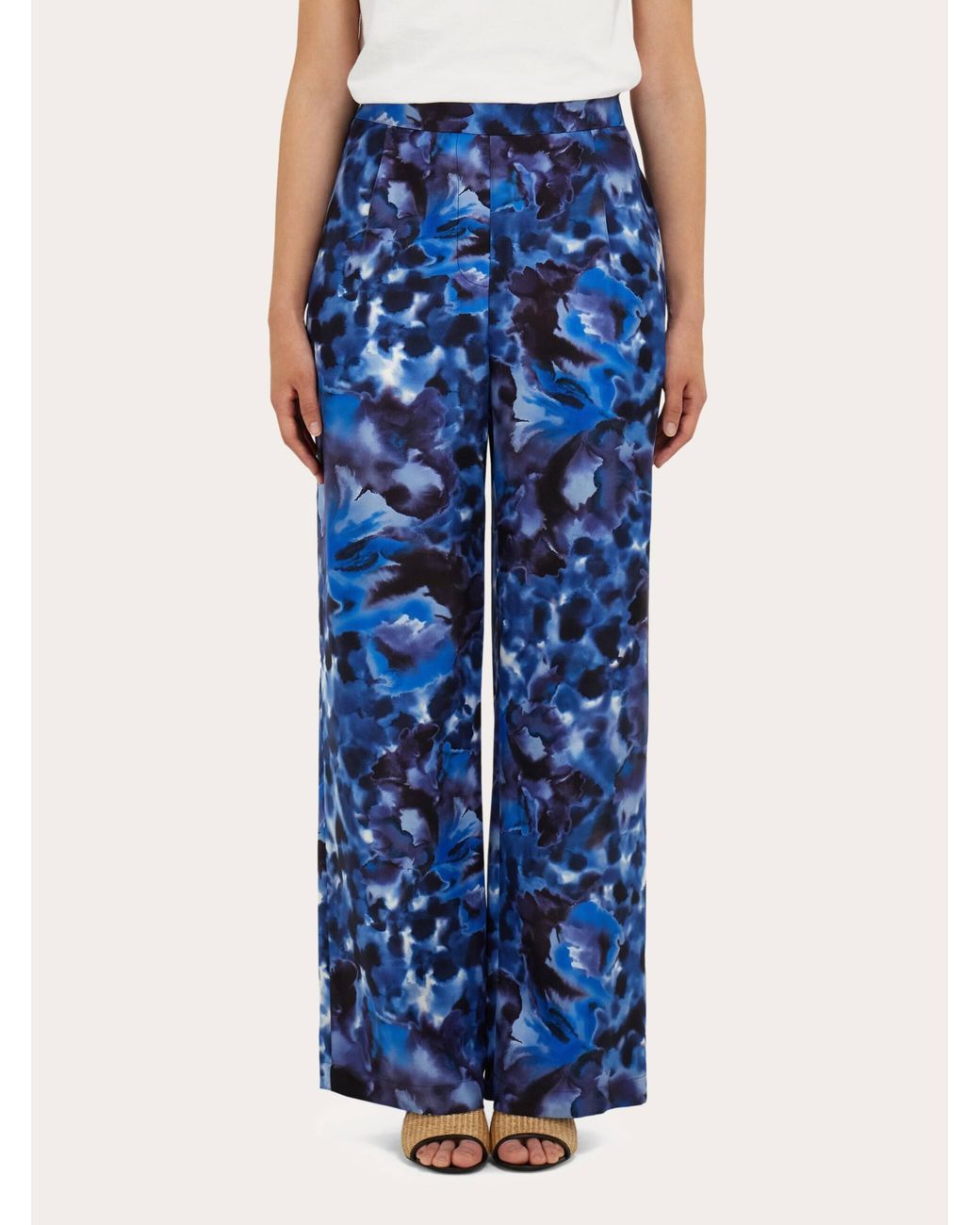 Ferragamo Blue Carnation Print Silk Trouser
