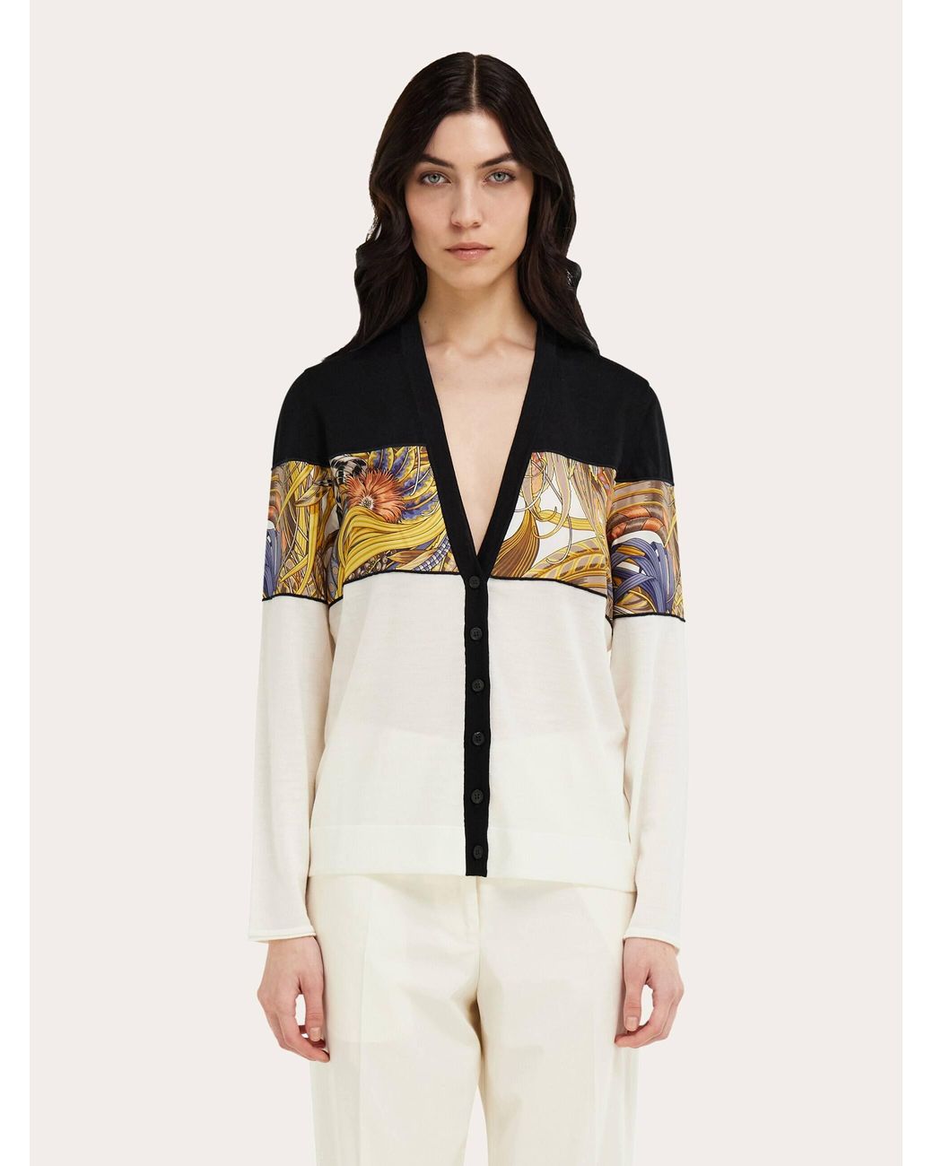 Ferragamo Black V-Neck Cardigan With Rooster Print Inserts