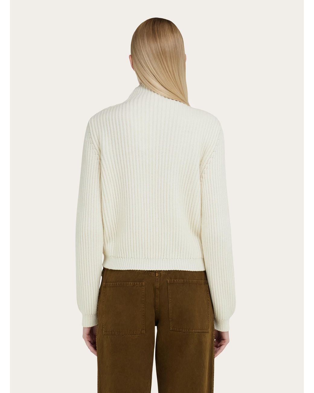 Ferragamo White Knitted Mock Neck Sweater With Gancini Detail