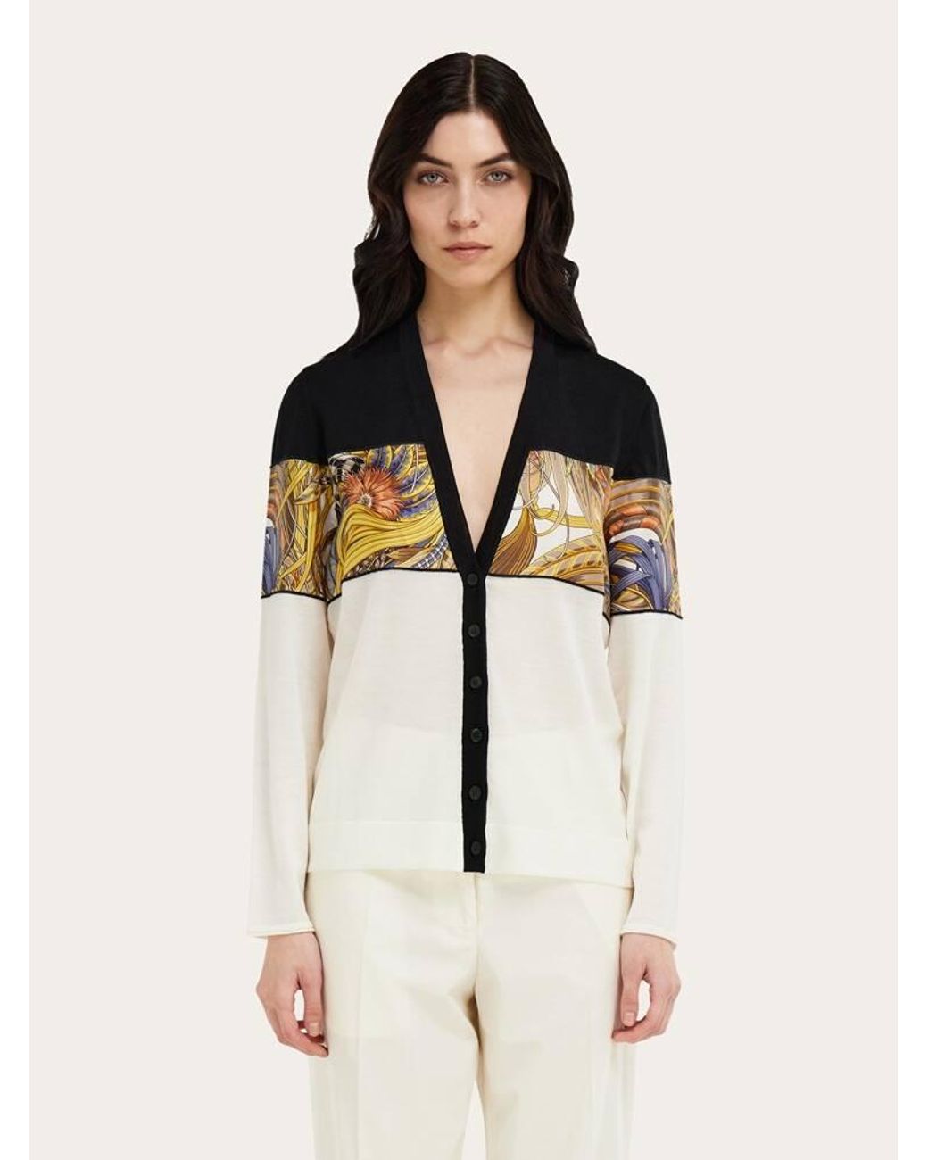 Ferragamo Black V-Neck Cardigan With Rooster Print Inserts