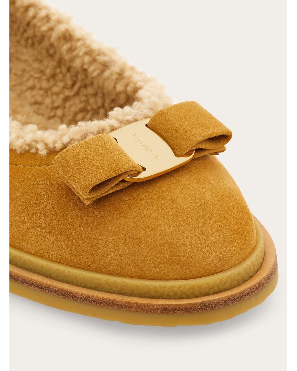 Ferragamo Natural Vara Bow Ballet Flat With Merino Wool Detail .5
