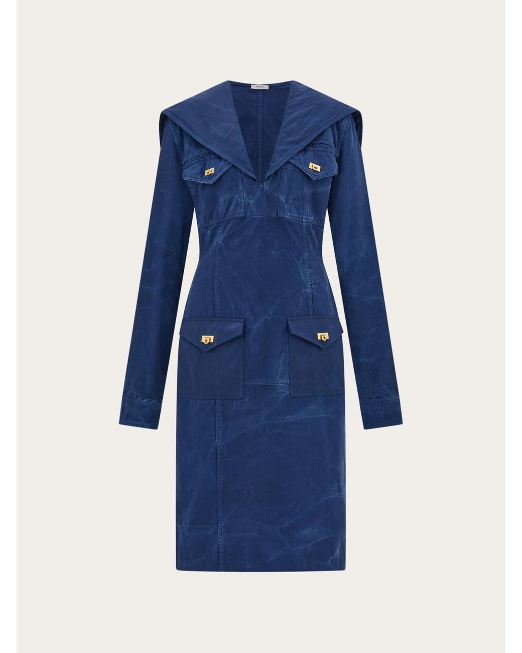 Ferragamo Blue Washed Gabardine Midi Dress