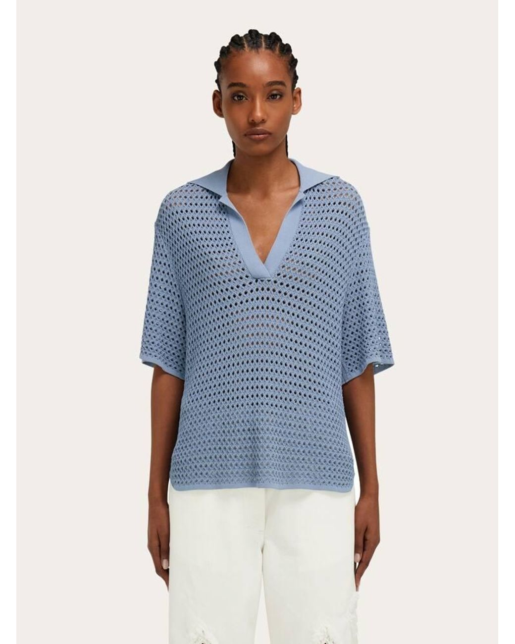 Ferragamo Blue Open Knit Polo Shirt