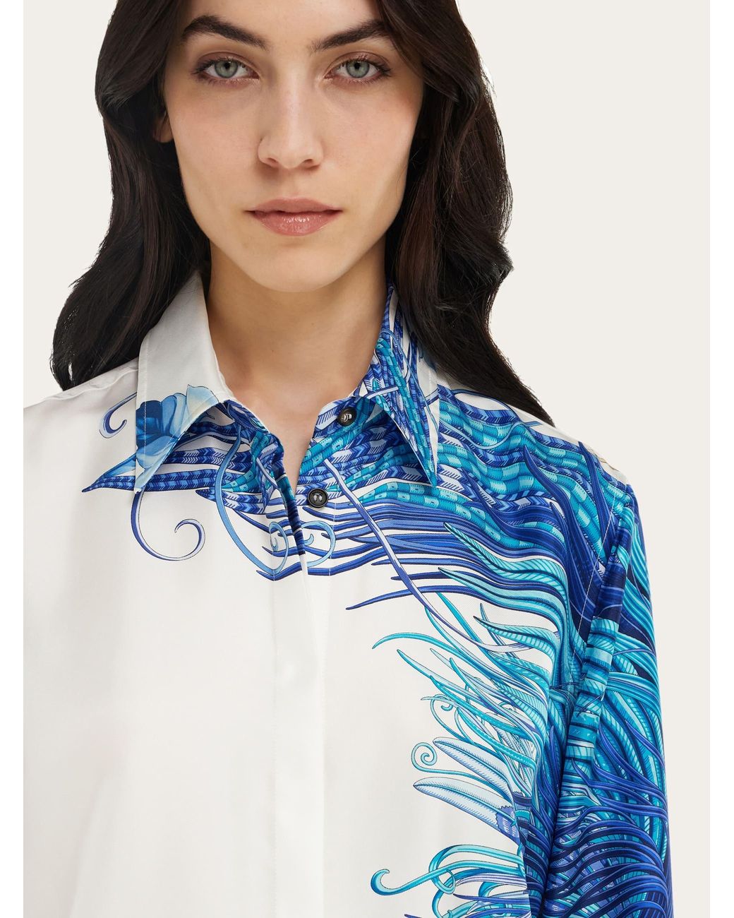 Ferragamo Blue Feather Show Print Silk Shirt