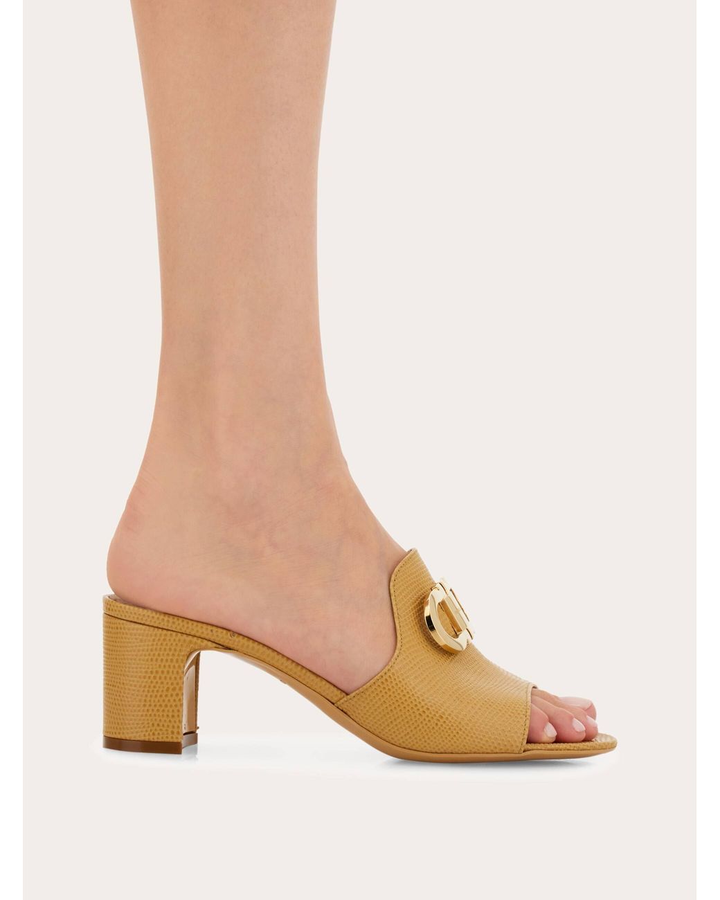 Ferragamo Natural Mid Heel Slide With Gancini Buckle