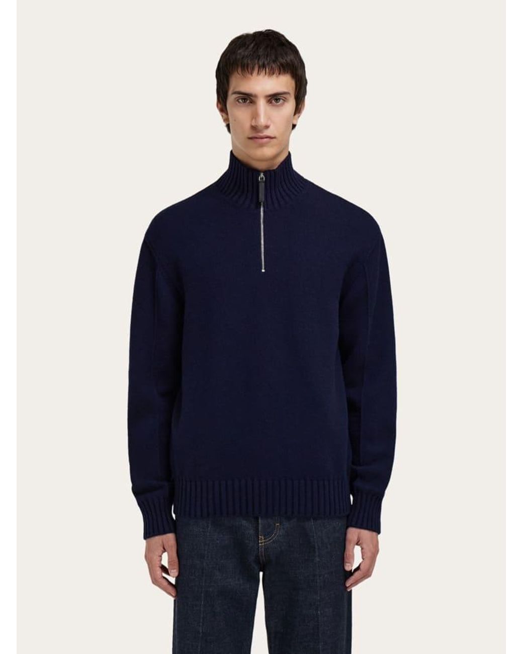 Ferragamo Blue High Neck Cashmere Pullover for men