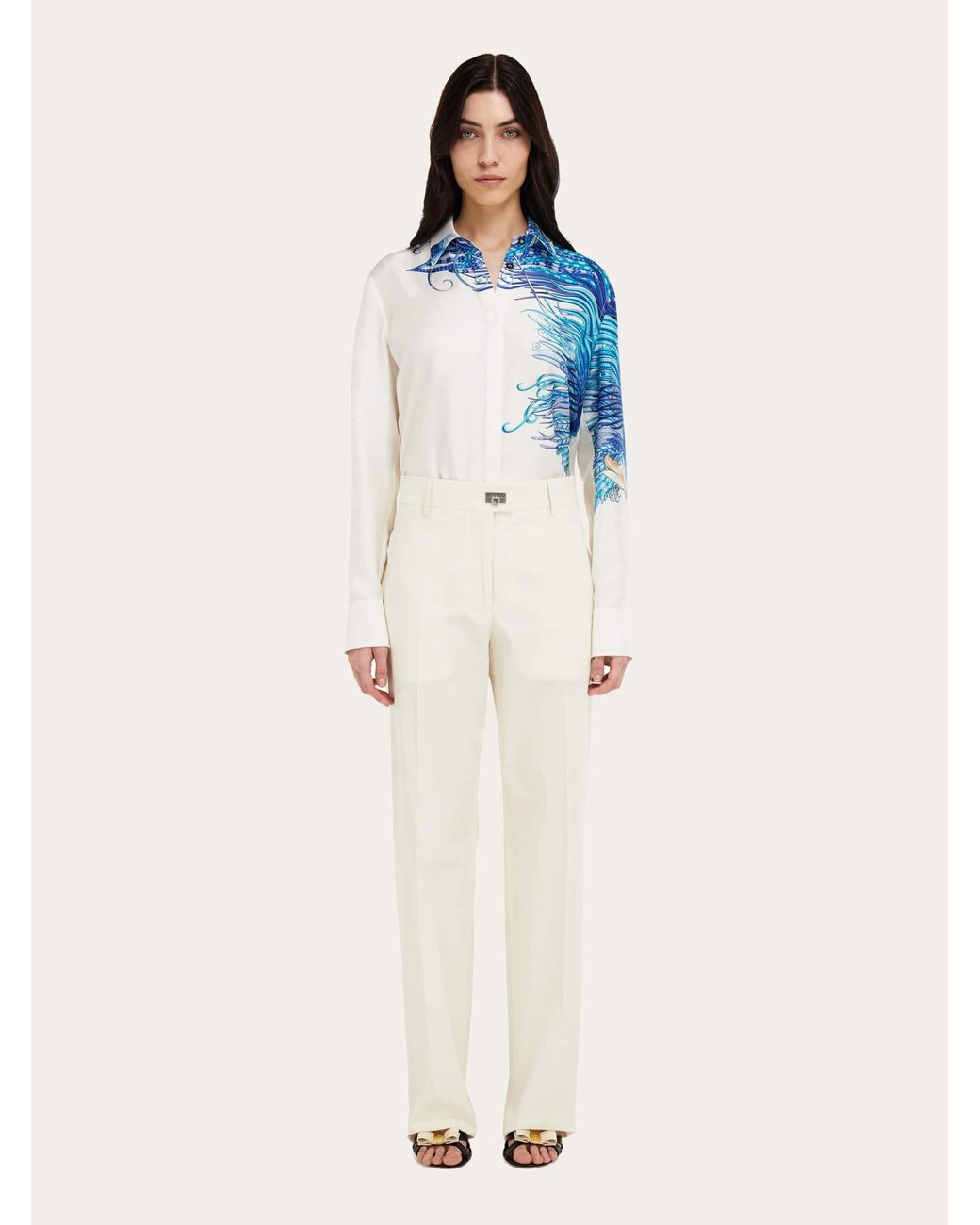Ferragamo Blue Feather Show Print Silk Shirt