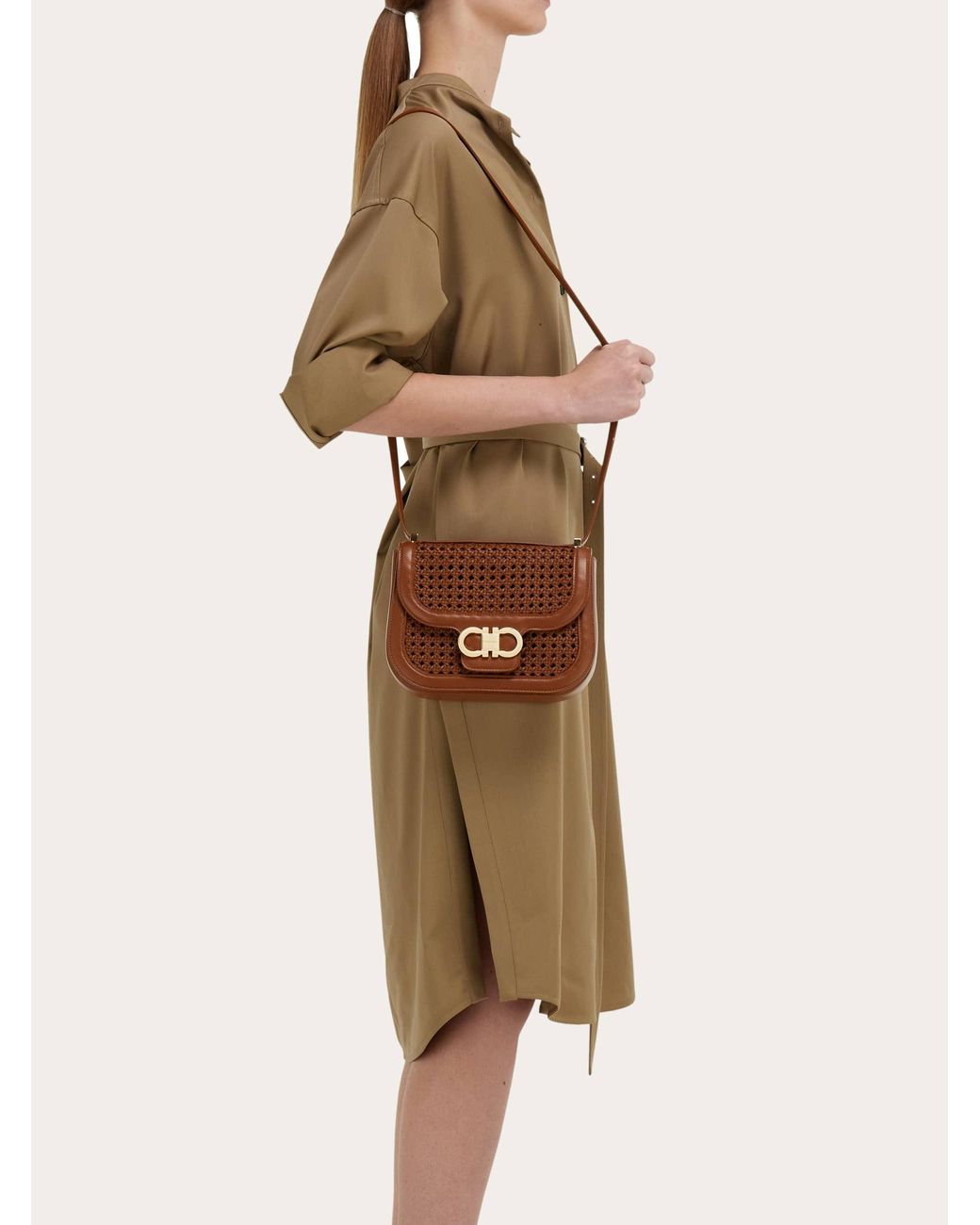 Ferragamo Brown Double Gancini North-South Crossbody Bag (Xs)