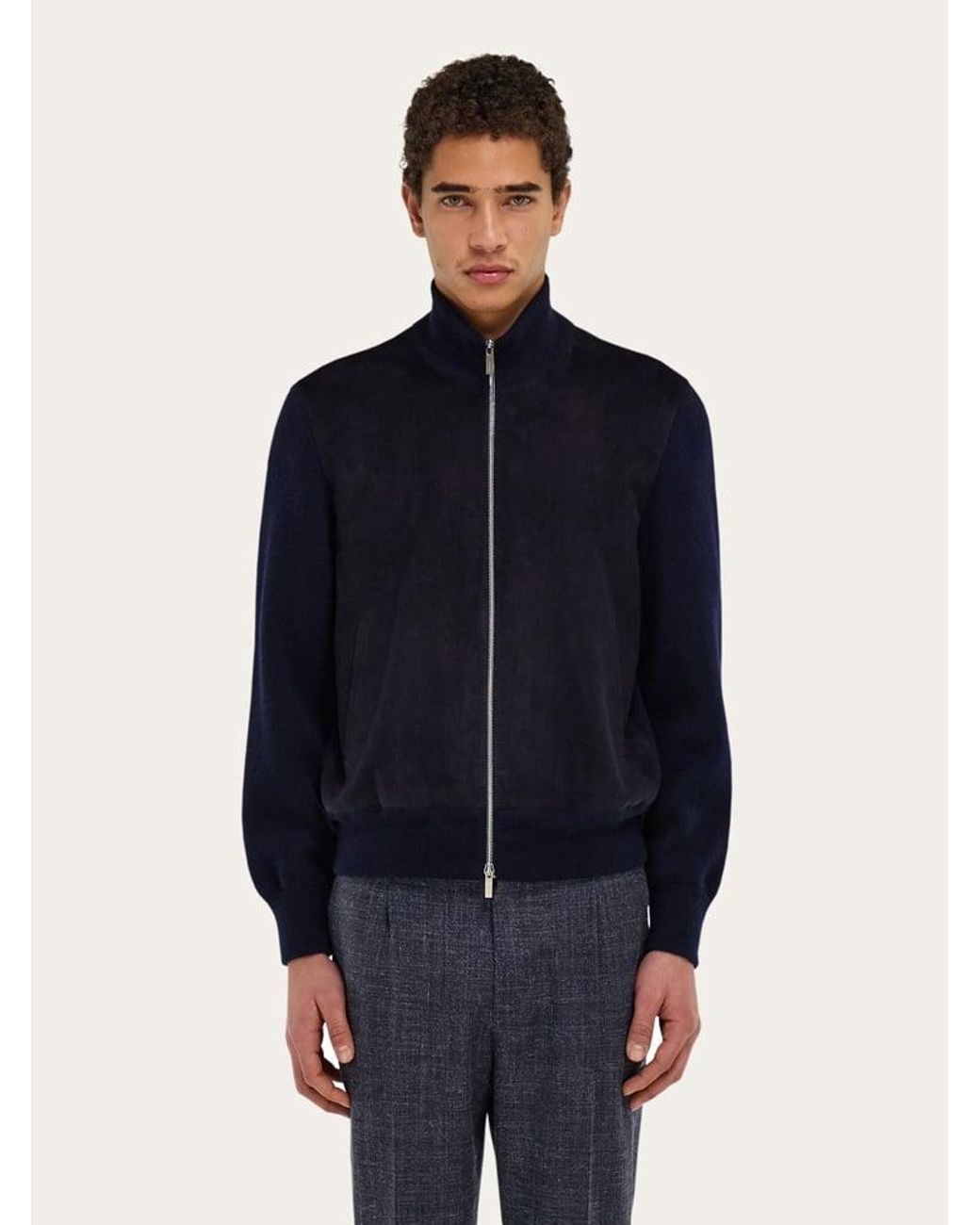 Ferragamo Blue Suede Blouson With Knitted Details for men