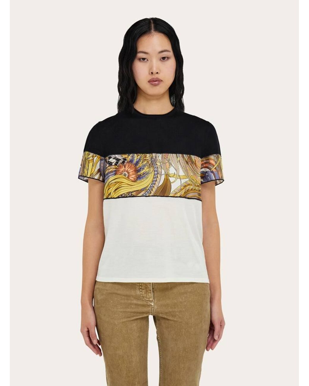 Ferragamo Black Crewneck T-Shirt With Rooster Print Inserts
