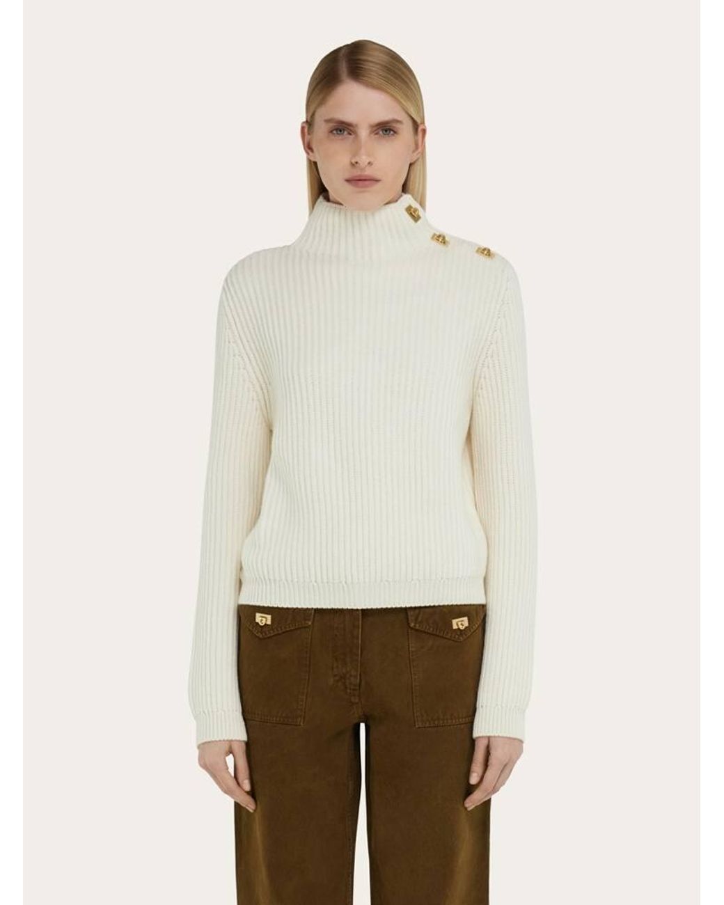 Ferragamo White Knitted Mock Neck Sweater With Gancini Detail