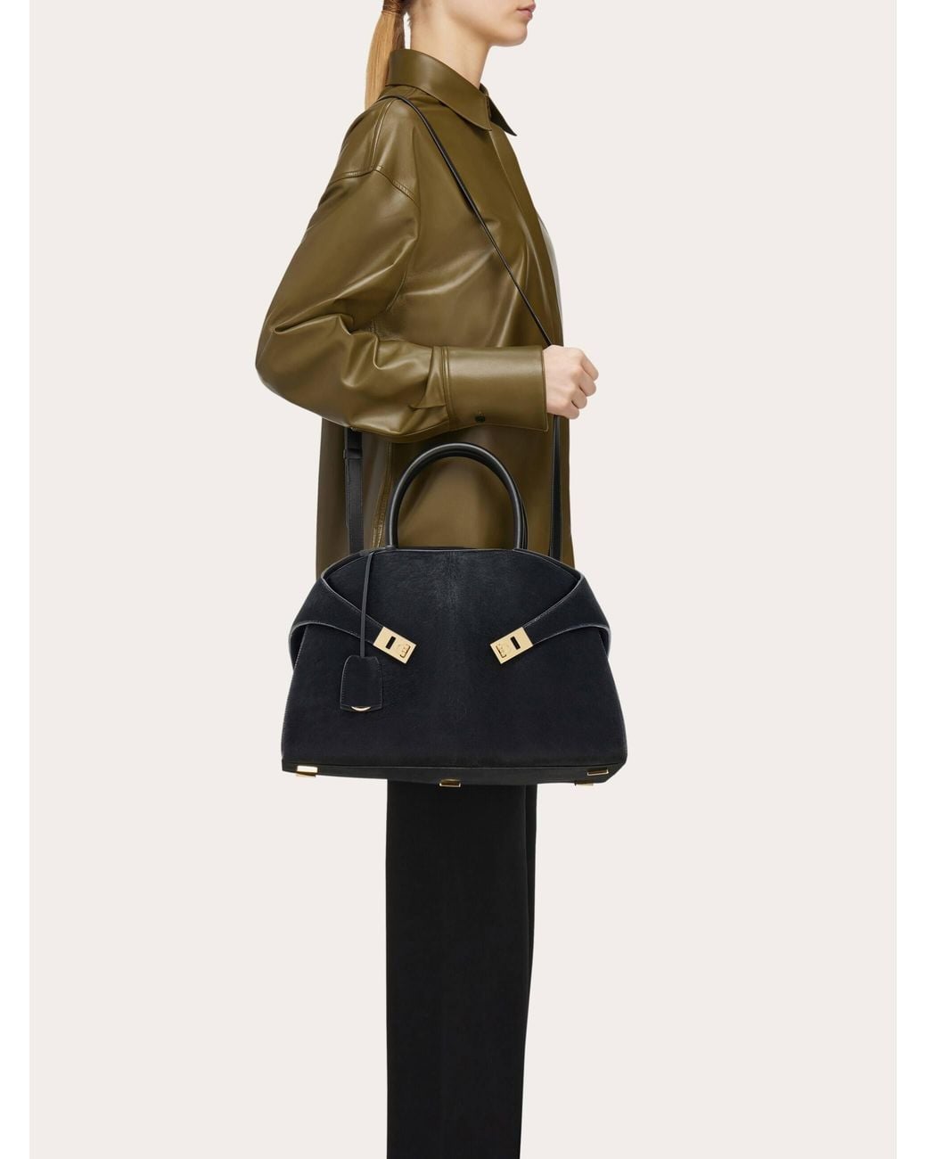 Ferragamo Black Pony Skin Hug Top-Handle Bag