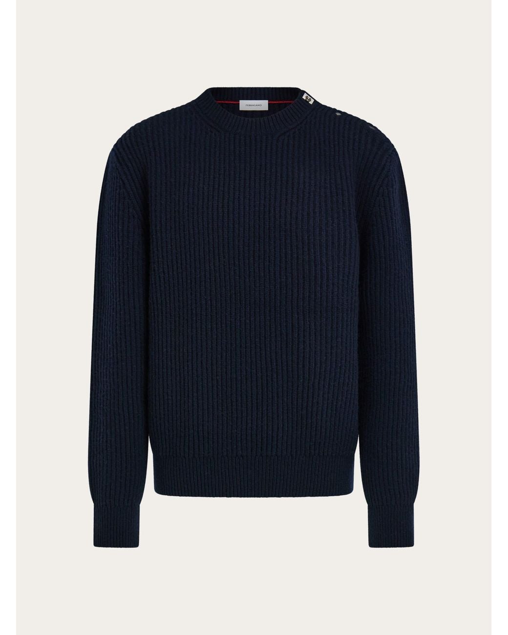 Ferragamo Blue Rib Knit Crew Neck Sweater With Hug Buckle Detail for men