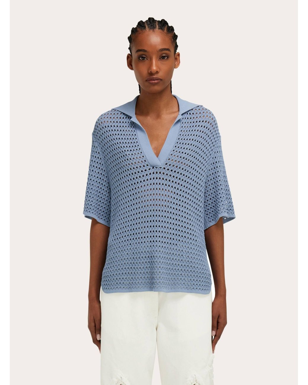Ferragamo Blue Open Knit Polo Shirt