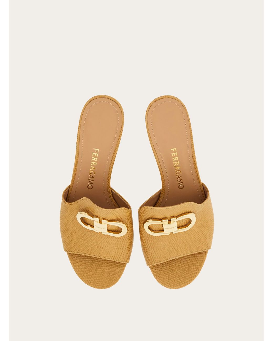 Ferragamo Natural Mid Heel Slide With Gancini Buckle