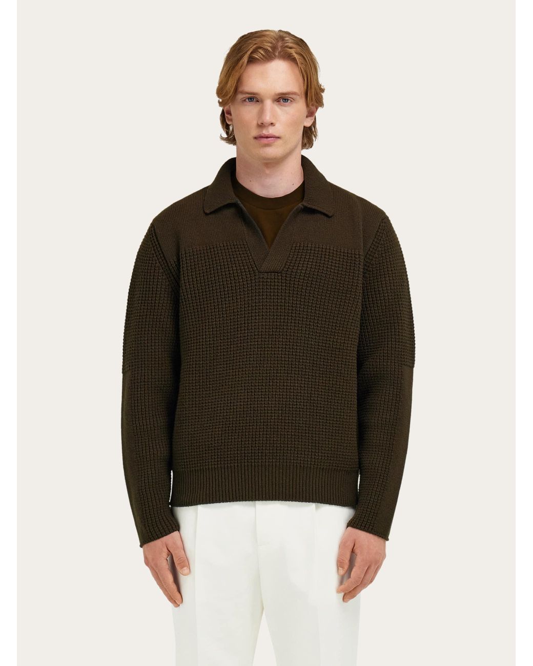 Ferragamo Green Knitted Sweater With Polo Collar for men