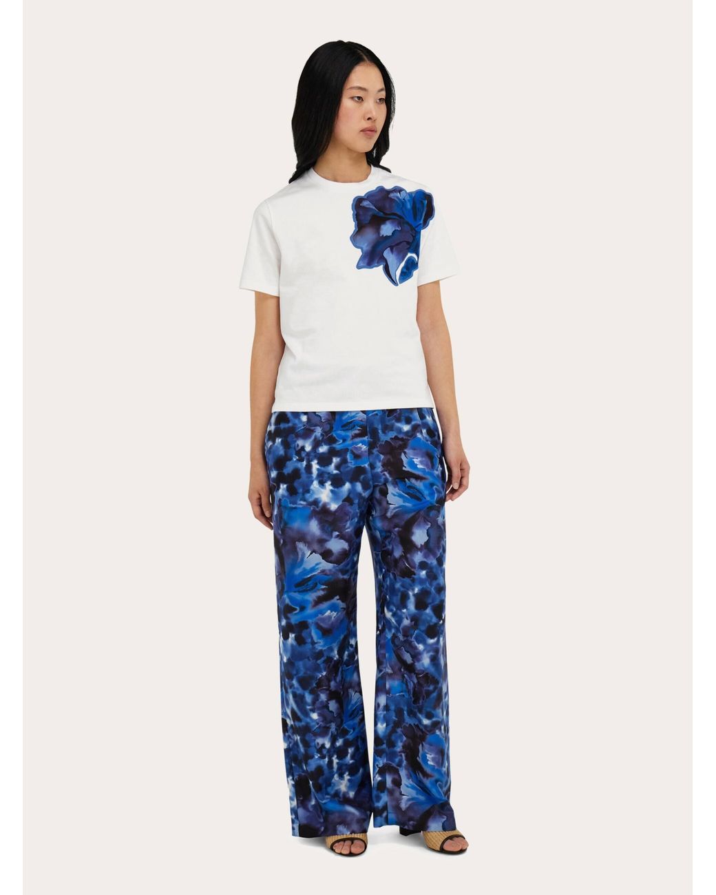 Ferragamo Blue Carnation Print Silk Trouser