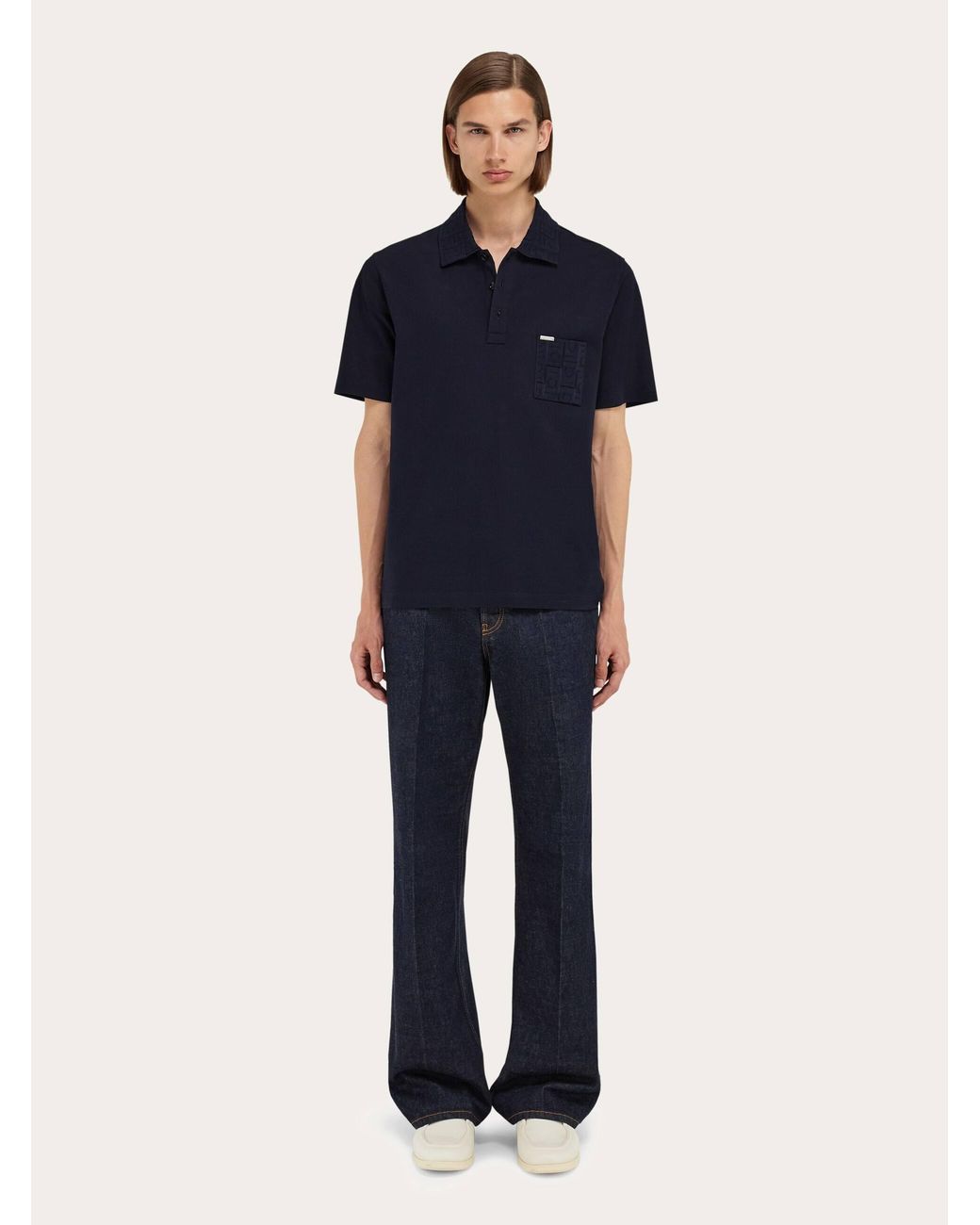 Ferragamo Blue V-Neck Polo With Jacquard Pocket Detail for men
