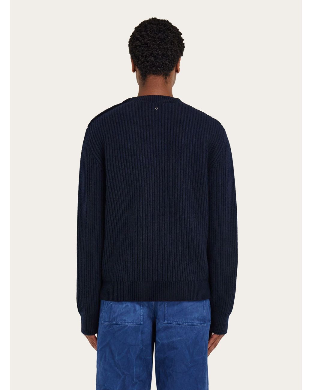 Ferragamo Blue Rib Knit Crew Neck Sweater With Hug Buckle Detail for men
