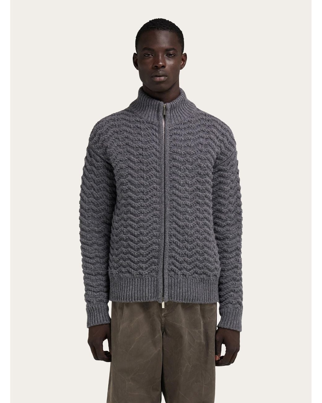 Ferragamo Blue Pure Wool Zip Cardigan for men
