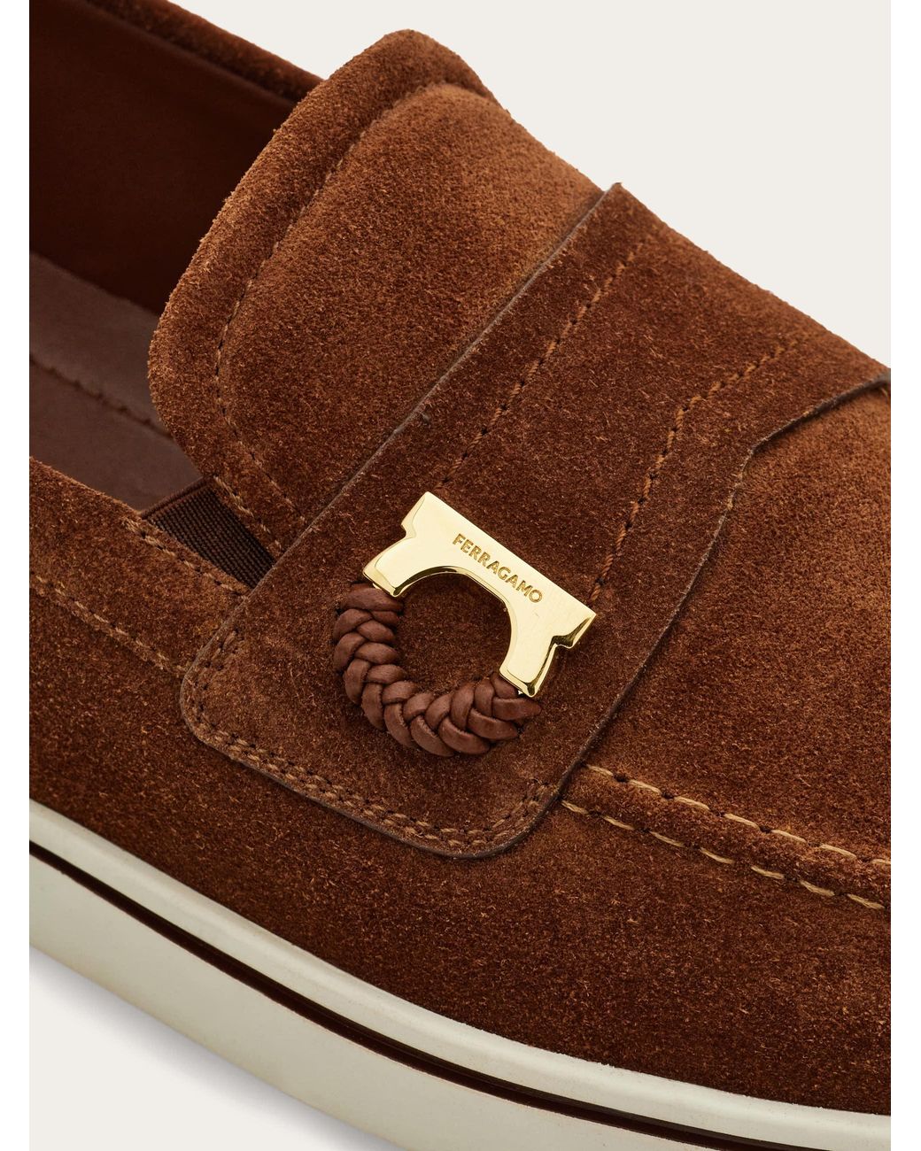 Ferragamo Brown Boat Shoe Loafer With Gancini Ornament for men