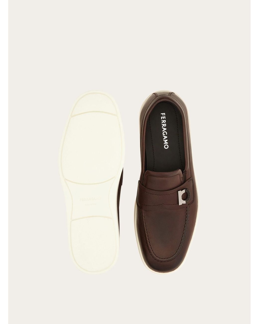 Ferragamo Brown Boat Shoe Loafer With Gancini Ornament for men