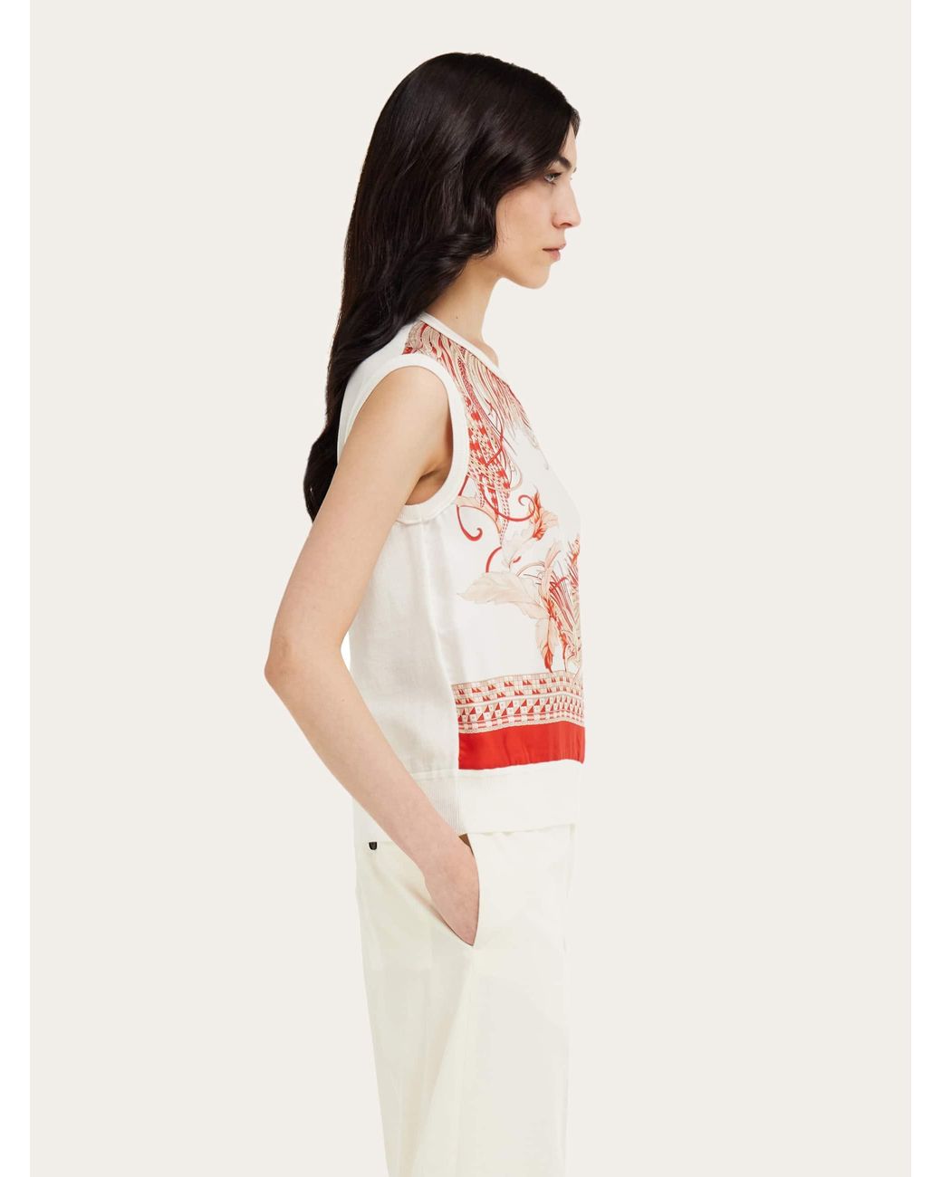 Ferragamo Multicolor Feather Show Print Sleeveless Sweater