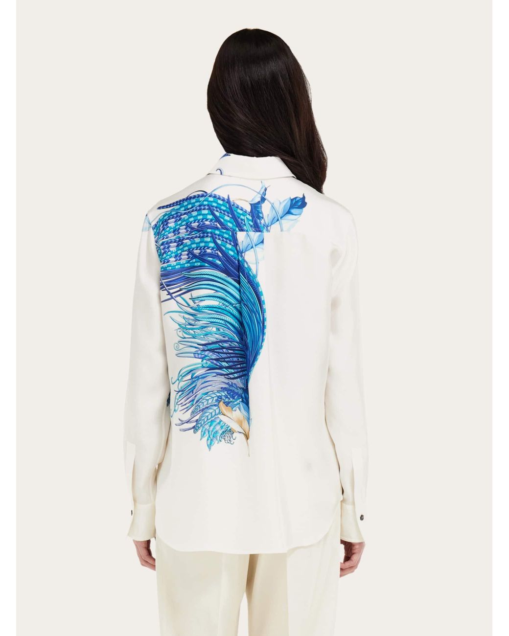 Ferragamo Blue Feather Show Print Silk Shirt